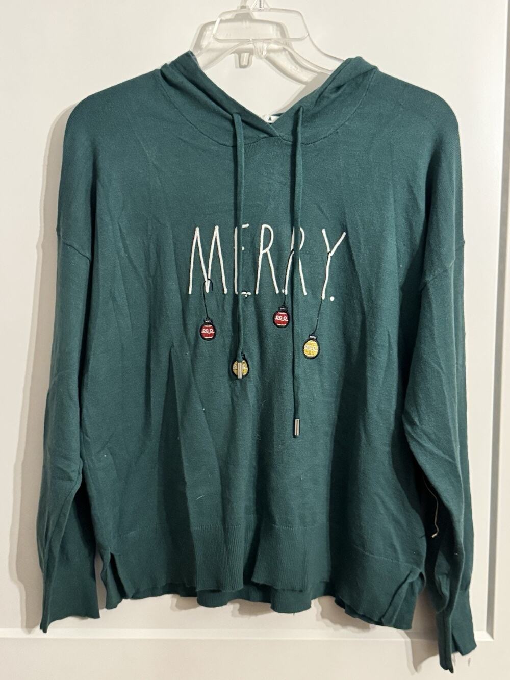 Rae Dunn Green Hoodie “Merry” Christmas Lights Embroidered NWT Sz L Holiday
